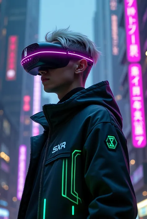 Photorealistic, This image has an atmosphere that echoes the cyberpunk era. (cyberpunk) A dark night skyscraper, highlighting a mix of high-tech and problematic social crime. The characters in the picture are a silver-haired k-pop handsome young man, dress...