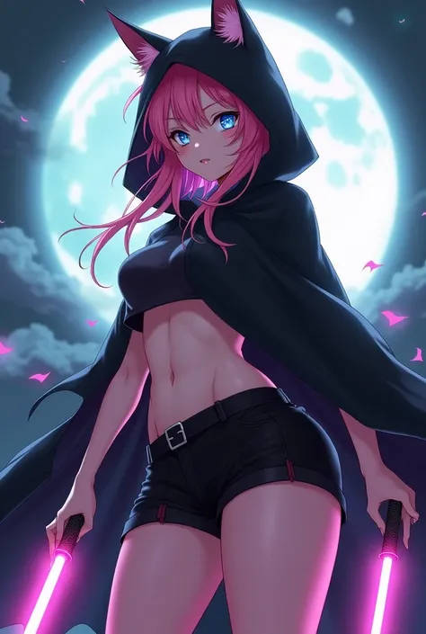 A 19 year old anime girl character with style or with some cool pose vector image, large moon in the background, long pinkmessy hair, brown pink ears, pink wolf tail, wearing black cloak, hood over head, ((covered torso, small black skirt)), toned legs, at...