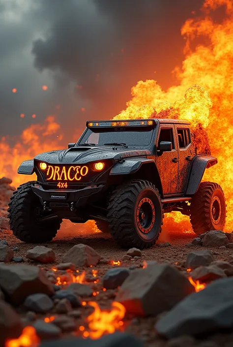 A car with the logo that says DRACCO 4X4 and a dragon
In Flames of Fire 