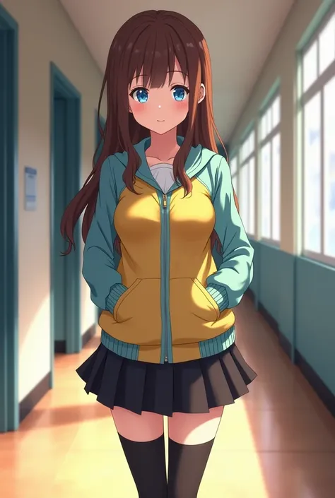 Anime version of a sexy cute teen school girl, with her large breasts, her brown hair, her blue eyes, her hip-length long hair; dressed in a cyan-and-yellow school jacket with her short black skirt, long stockings up to her thighs; full image of her head t...