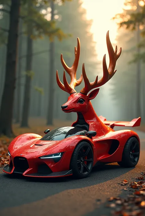 "Design a hybrid entity combining a deer and a red sports car. The body of the hybrid features the sleek, aerodynamic structure of a red car, with the organic elegance of a deers form. The front of the car incorporates antlers that curve gracefully from th...