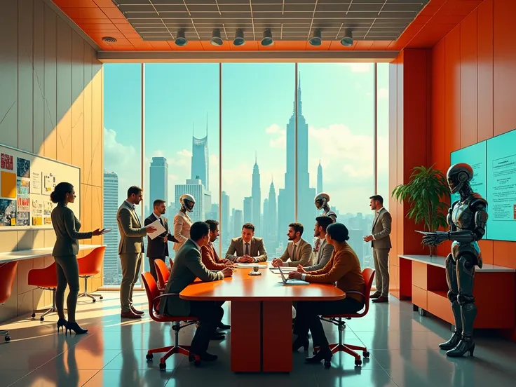 Art Deco, retro futuristic picture of a group of people and robots working collaboratively in a strategy workshop, there are tables, chairs, screens, wallboards with images and post-it notes, a large window looking out on a futuristic skyline, they are cre...