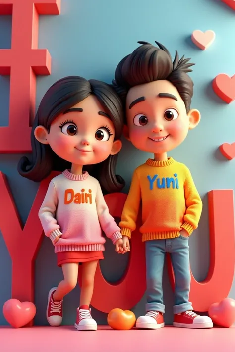  Creates a couple of teenagers in 3d cartoons , dressed in conviction ,  the woman with the name Dairi written in large on her sweater ,  and the man with the name Yunier written in large on his sweater , both signs with striking colors and gradients , The...