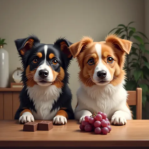 two separate images of dogs sitting by a table with chocolate and grapes on the table. make the dogs look at the camera