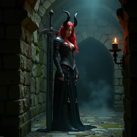 Claro! Aqui está o prompt detalhado:

“A red-haired succubus with glowing golden eyes and large, curved black horns. She stands sideways in a dark castle dungeon, leaning her arms casually on an enormous, intricately designed sword, with its blade partiall...