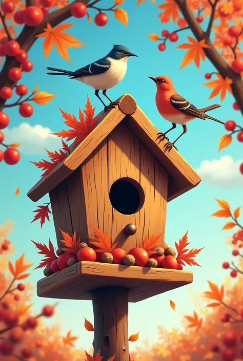 This image is、 it is a vivid and colorful illustration 。In the center、 A wooden birdhouse is drawn 、 It is decorated with autumn leaves and acorns 。 There are 2 birds in front of the birdhouse 。One is perched on a perch 、 the other seems to be flying 。 wit...