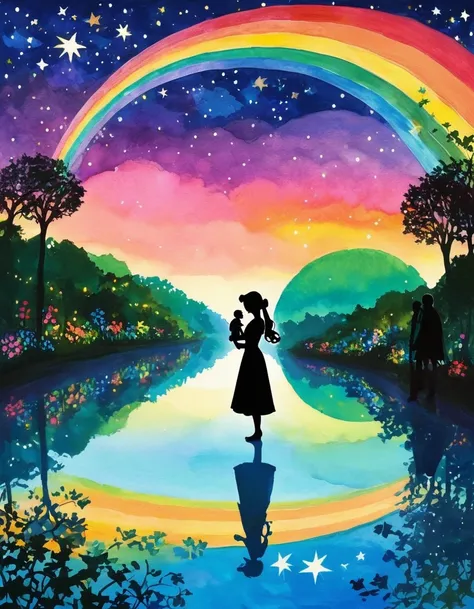 Shadow art, silhouette art, everything except the shadows is colored with colored cellophane, beautiful rainbow bridge, prince and princess facing each other, bright starry sky, angels ladder, fairy tale land, never-never land, starry sky reflected on the ...