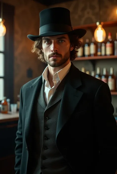 a well-dressed light black skin man curly medium-length hair, green eyes, wearing a tailored suit and hat in 19th century style, standing in a bar in South Africa, cinematic lighting, chiaroscuro, dramatic shadows, moody atmosphere, photorealistic, highly ...