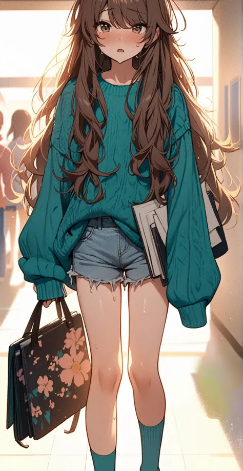 masterpiece, best quality, girl with brown eyes, brown hair, long hair, swept bangs, small breasts, oversized teal sweater, jean shorts, holding book and papers, teal socks, black floral satchel, sweat, hallway, sunset,