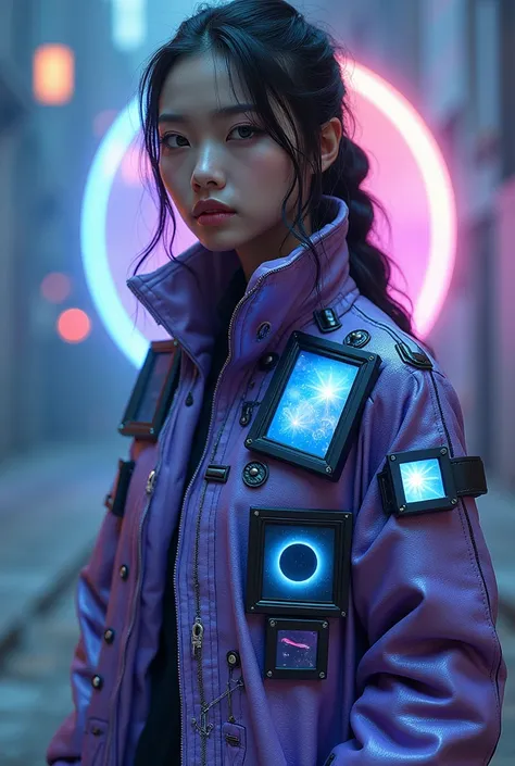  a steampunk, sureal, a girl beatiful, long hair Braid losse, face pirching, face korea, with blue purple Made from cyberpunk blue, purple transparan strap motif leather, robe with many Zipper with many various size of box screen of various planet Eclipse ...