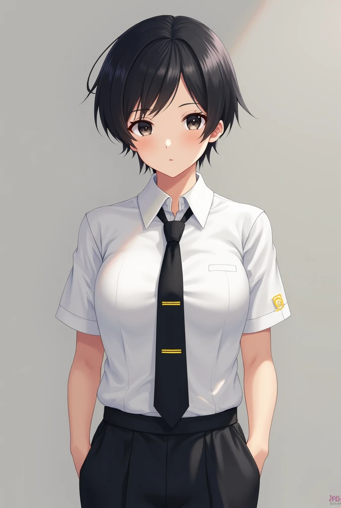 School  in uniform with black pent and white shirt tie black and yellow color and hair black 