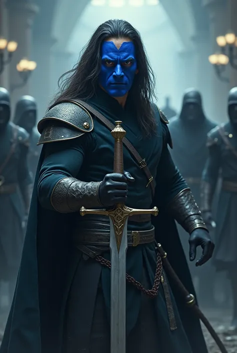 Man with blue mask and a sword with big hair against enemies