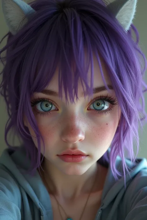 18 year old white girl with purple wolfcut hair and bangs taking a selfie she looks slightly emo and has  blue eyes very realitic not smooth skin 