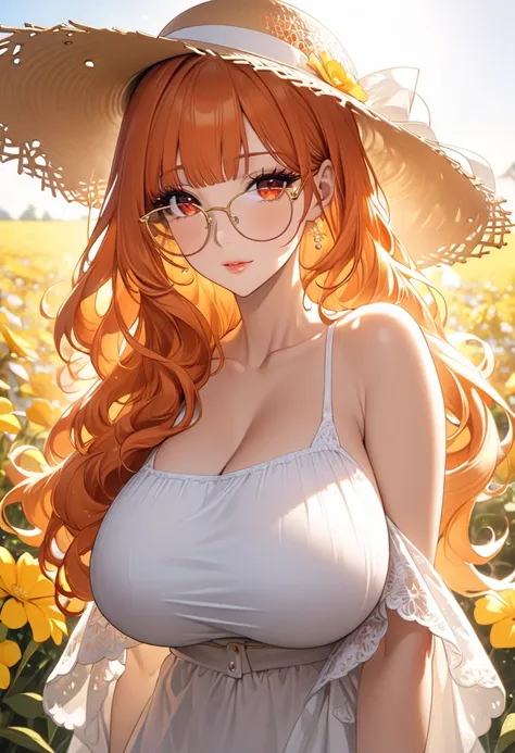 (( best quality )), (( Masterpiece)), ( Details), Young woman, ( big breasts, Orange hair, Red eyes, ((My hair is very long., Long wavy hair)), (Bangs:1.3) , curve, large chest, huge breasts, Beautiful face, Beautiful skin , Long eyelashes, Thick eyelashes...