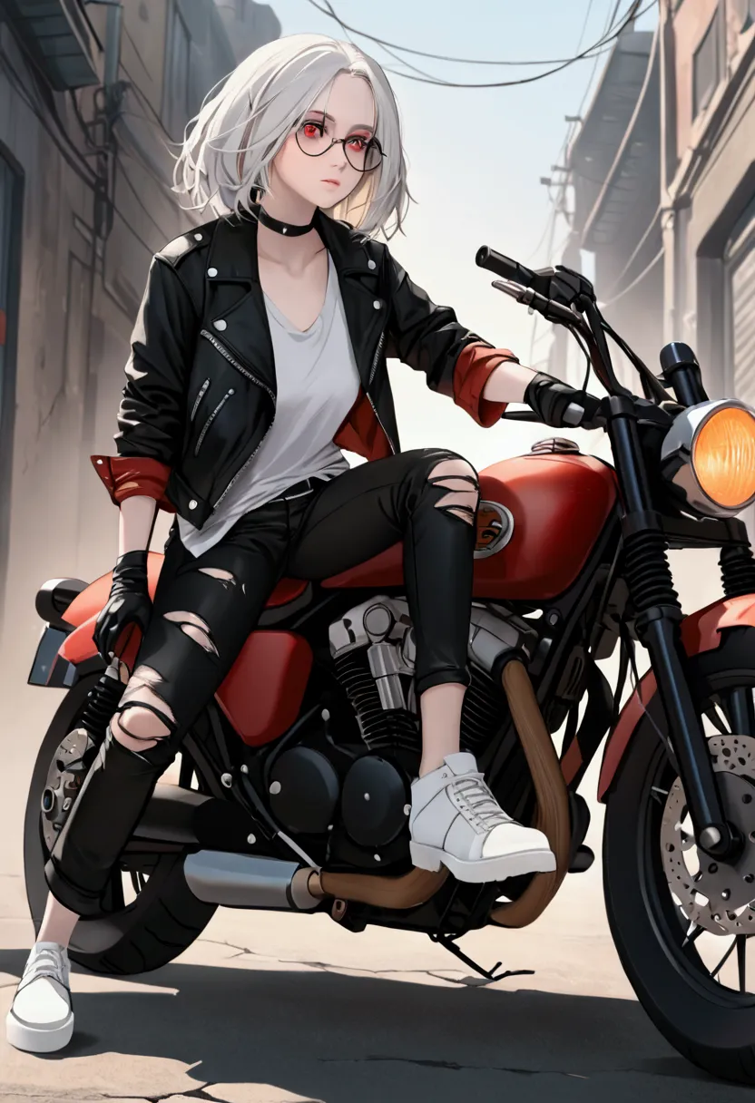 A girl with pale skin, ruby red eyes, hair, black with an orange tuft ,  with a black leather jacket, a short white shirt, Black ripped pants,  white shoes , round glasses,  on a motorcycle , with finger-less gloves , Heads a scar on her right eye ,