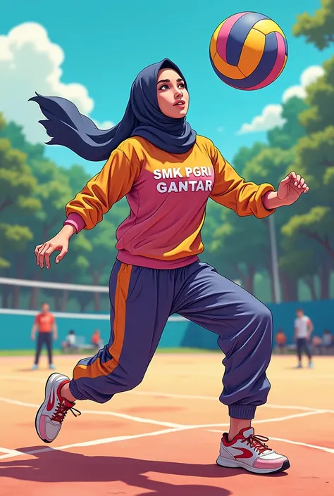 A Muslim woman wearing sportswear with the inscription SMK PGRI 1 GANTAR And wearing a veil and sweatpants And a tracksuit is playing volleyball in anime style 