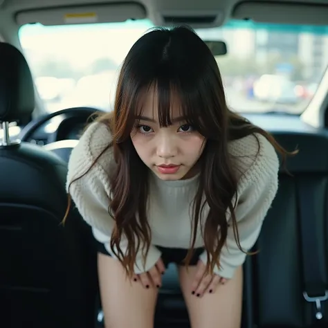 whole body,Sweaty,20-year-old Japanese woman holding back her stomach by bending forward,cute,Idol,Idol, Portrait,Model,Long Hair,bangs, small breasts,Gloss, high-waisted black shorts,( small ass ),white short knit, black long boots , Video ,Professional e...