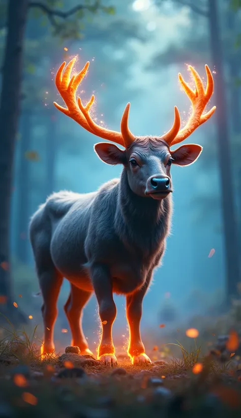 create a realistic photo image hybrid bull cute with deer cute, air and fire blue, floating around him and a fantasy forest behind him, light and shadow perspective,  fantasy setting, 8k, UHD, masterpiece, detailed