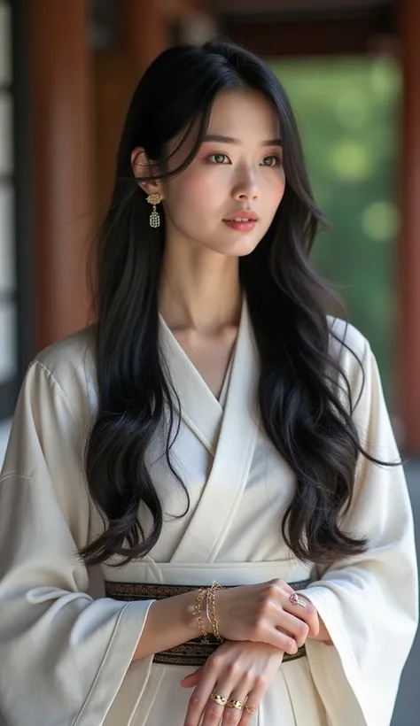 28age  beauty woman　 Japanese　beautiful　Beauty　Black Hair　 Long Hair　  natural  casual wear　perfect Fcup 　Model body type　Upper body only　1 person at Kyoto Heian Shrine　Earrings　 Bracelets　ring　 Elegant　Elegant　 real　Long Hair, Alone, masterpiece,  is anat...