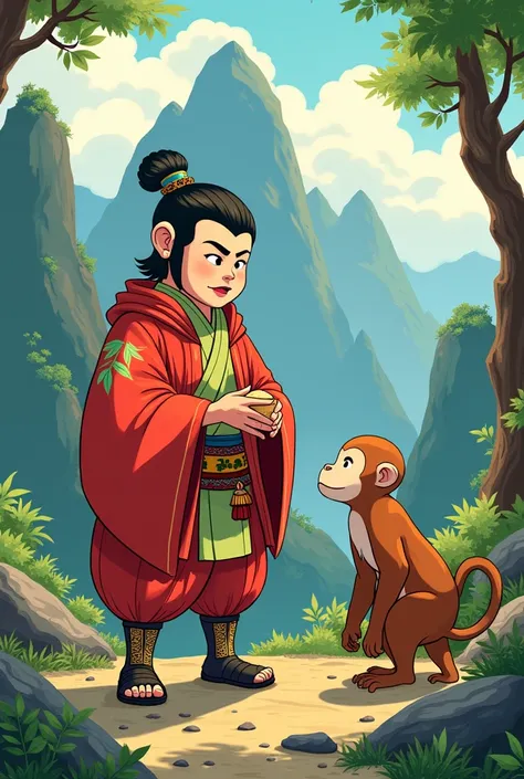 Momotaro who weares red Happi coat met a monkey in mountain.
He gave a monkey a dumping.