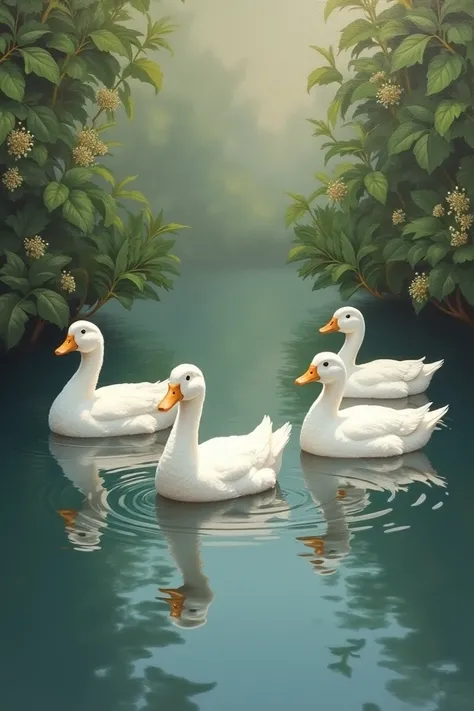 Classic painting of 4 white ducks in a heavenly lake with plants around