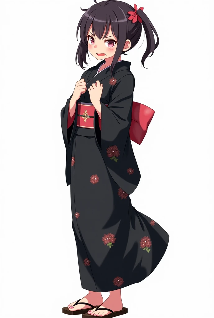 Anime woman with and standing in front of her full legs and geta yukata black and with flowers and worried and with a white background and a full body and with pink nails and with fists on her chest both hands with an emotion of nervousness and with an exp...