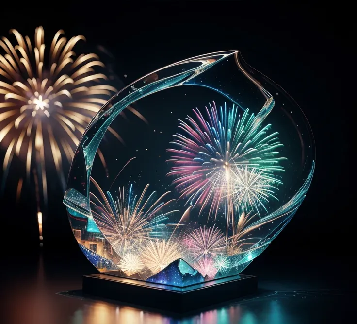  The masterpiece of glass sculpture ，There are beautiful fireworks inside，water，The light shines ，Fantastic， High Quality ， high detail， best quality ，，4K，8k，