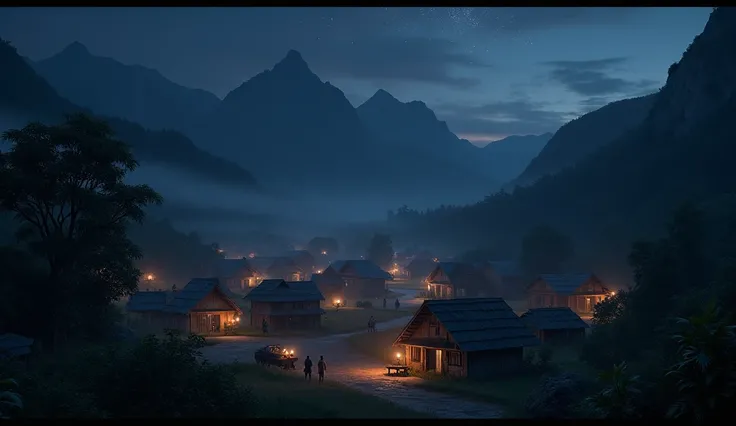 Thai village in the mountains in the dark night