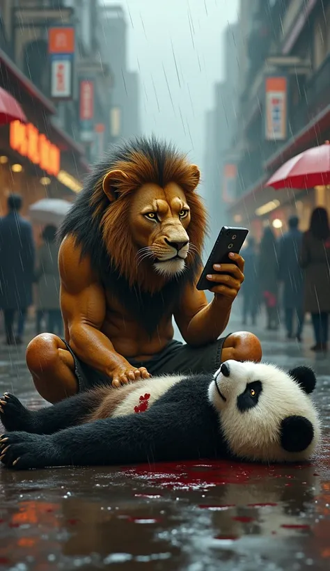 Main Character Appearance:
The lion sits on the wet ground next to the panda, holding a slightly battered cellphone with trembling hands. His expressive eyes are filled with urgency as he glances between the phone and the panda. His mane, though flattened,...