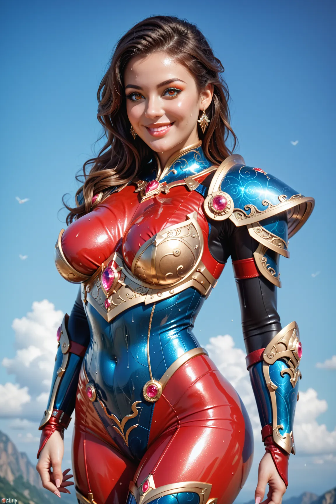 A beautiful woman with a perfect curvy body, detailed face, detailed eyes, detailed lips, highest quality, masterpiece, full suit of armor, intricately detailed and ornate armor, beautiful eyes, (dimly glowing eyes:0.85), full glossy lips, friendly smile, ...