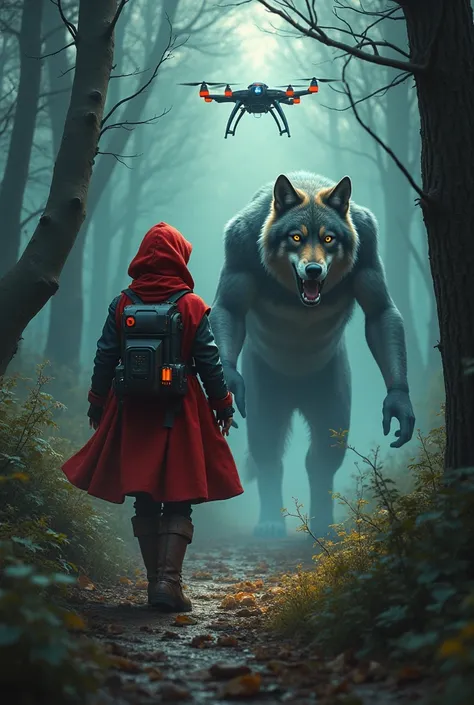  An image about the following Halfway ,  Little Red Riding Hood notices that his suit starts to fail . Knowing that the Wolf is close ,  he uses his ingenuity and activates a decoy drone ,  programming him to follow an alternative route that confuses the H...