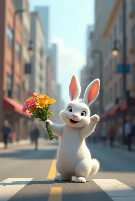 1 white rabbit pointing across the street with flowers