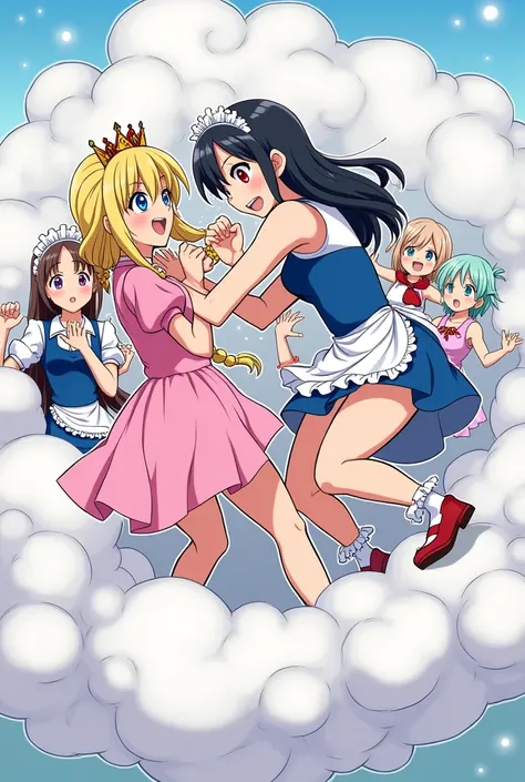 An anime-style comic depicting many maids and many girls and 1princess and 1lady playfully wrestling with each other inside a big game comical fight cloud(fairytale cloud).
each girl and maid has different  colored hair: one princess with blonde braided an...