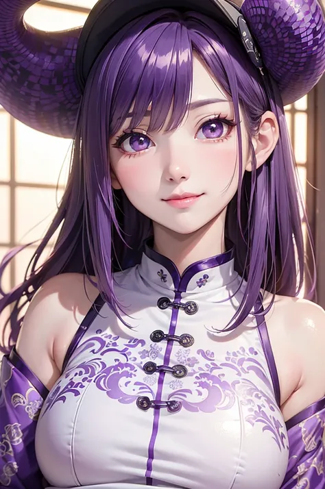 ( Best Quality, high definition ,8k,inelity detailed background, Masterpiece:1.2), pretty girl,( glossy purple hair:1.3),(long hair:1.2) ,short hair, bob cut, Beautiful purple eyes,White Chinese dress(Dragon pattern),Gentle look,A refreshing look,Best qual...