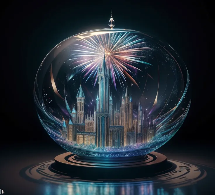  The masterpiece of glass sculpture ，There are beautiful fireworks inside，water，The light shines ，Fantastic， High Quality ， high detail， best quality ，，4K，8k，