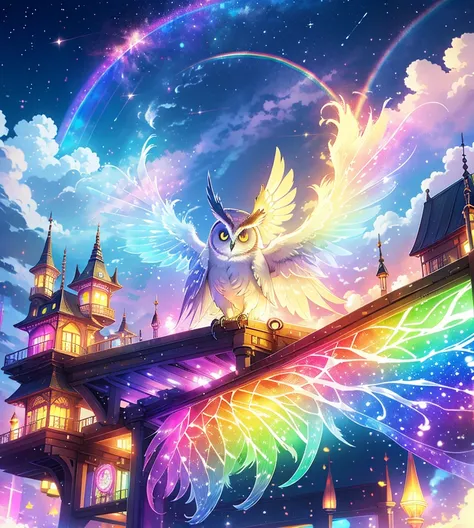 Perched on a dreamy rainbow bridge,Chibi character， owl under guard，A sky covered with seven colored rainbows，Rainbow Arch Bridge，Colored smoke, fantastic details,  Steampunk Details ,  Intricate Details ,  Very detailed,