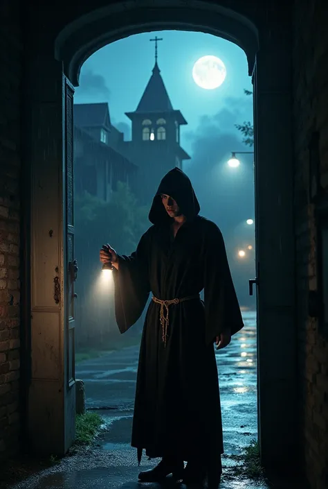 Description: A young man, black hooded dress  , carrying a flashlight ,  Standing at the entrance of the haunted mansion .  It seems determined ,  but a little apprehensive when entering .  a humid and rainy environment , with an atmosphere of suspense, ph...