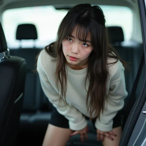 whole body,Sweaty,20-year-old Japanese woman holding back her stomach by bending forward,cute,Idol,Idol, Portrait,Model,Long Hair,bangs, small breasts,Gloss, high waisted black shorts,( small ass ),white short knit, black long boots , Video ,Professional e...