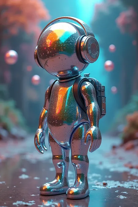 A trippy picture with surreal qualities but the main focus is of a short humanoid made of reflective bubbles and is wearing headphones and wears a backpack