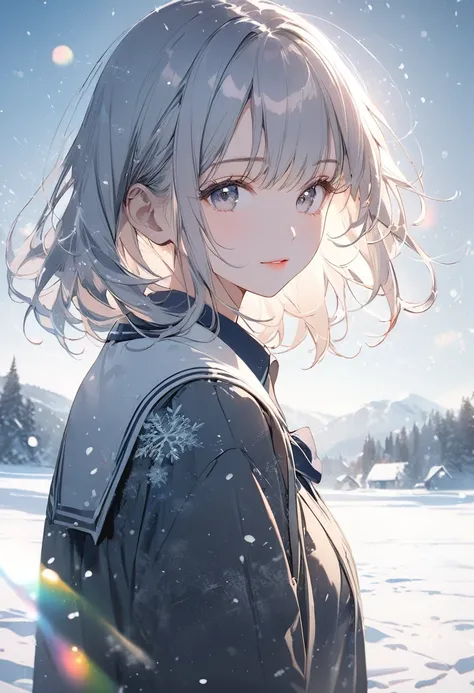 (masterpiece, best quality),(double exposure effect), subtle colors, post-grunge, paint splatters, intricate details, detailed depiction,whimsical,girl stands with dignified expression on pure white snow field,teenage,wearing winter school-uniform, (snow p...