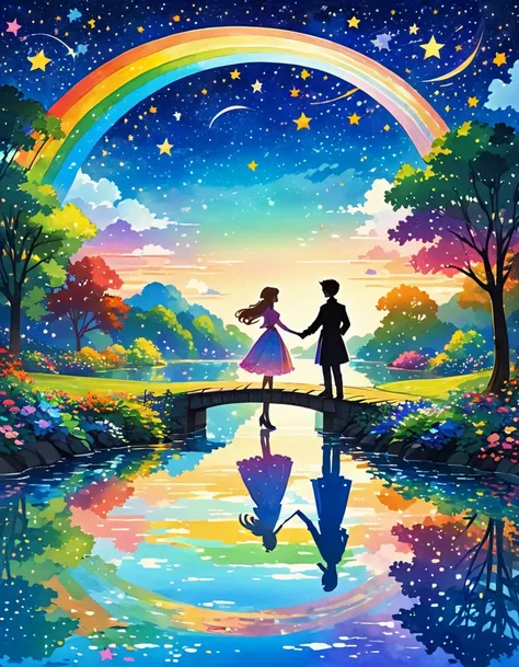 Shadow art, silhouette art, everything except the shadows is colored with colored cellophane, beautiful rainbow bridge, prince and princess facing each other, bright starry sky, fairy tale land, never-never land, starry sky reflected on the water surface, ...