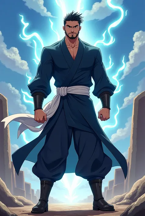  athletic man 
El Amo del Viento short straight black hair, dark brown eyes, with a beard trimmed on his chin ,  wears a navy blue combat tunic , white sash,  black boots without stiffness in the background temple of the wind .  anime style