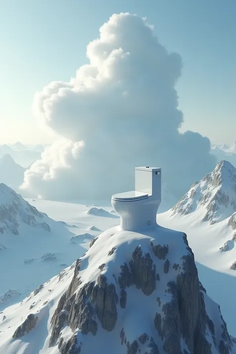 make a toilet on the peak of the mountain overlooking the whole mountain and a big cloud in front of it in antartica