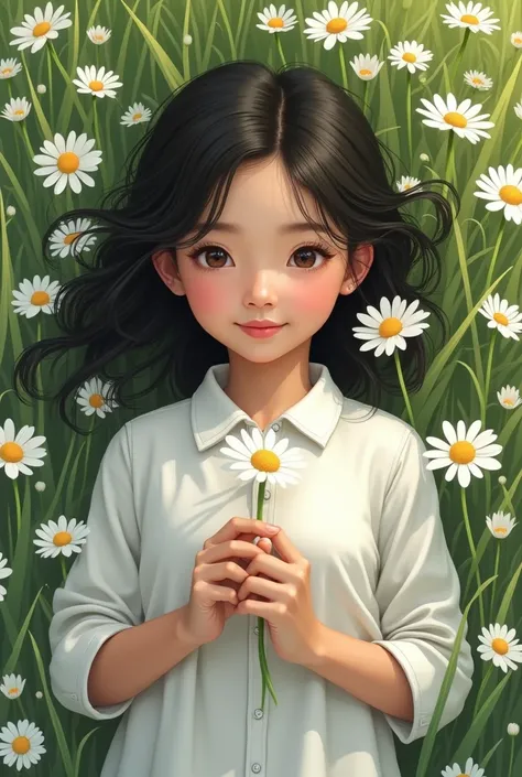 An Indonesian girl wearing a dress shirt ,  is laying in a daisy flower while holding a daisy flower