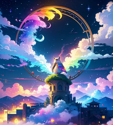 Perched on a dreamy rainbow bridge,Chibi character， owl under guard，A sky covered with seven colored rainbows，Rainbow Arch Bridge，Colored smoke, fantastic details,  Steampunk Details ,  Intricate Details ,  Very detailed,