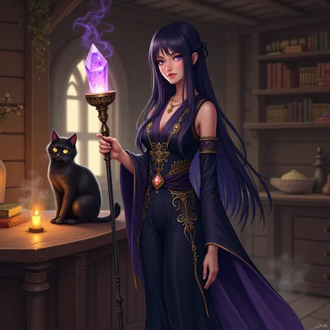 “A young Japanese-inspired druid woman with long, sleek purple hair that nearly fades to black and striking lilac eyes, standing gracefully in a cozy medieval wooden house. She wears a dark navy-blue, body-hugging tunic adorned with intricate golden orname...