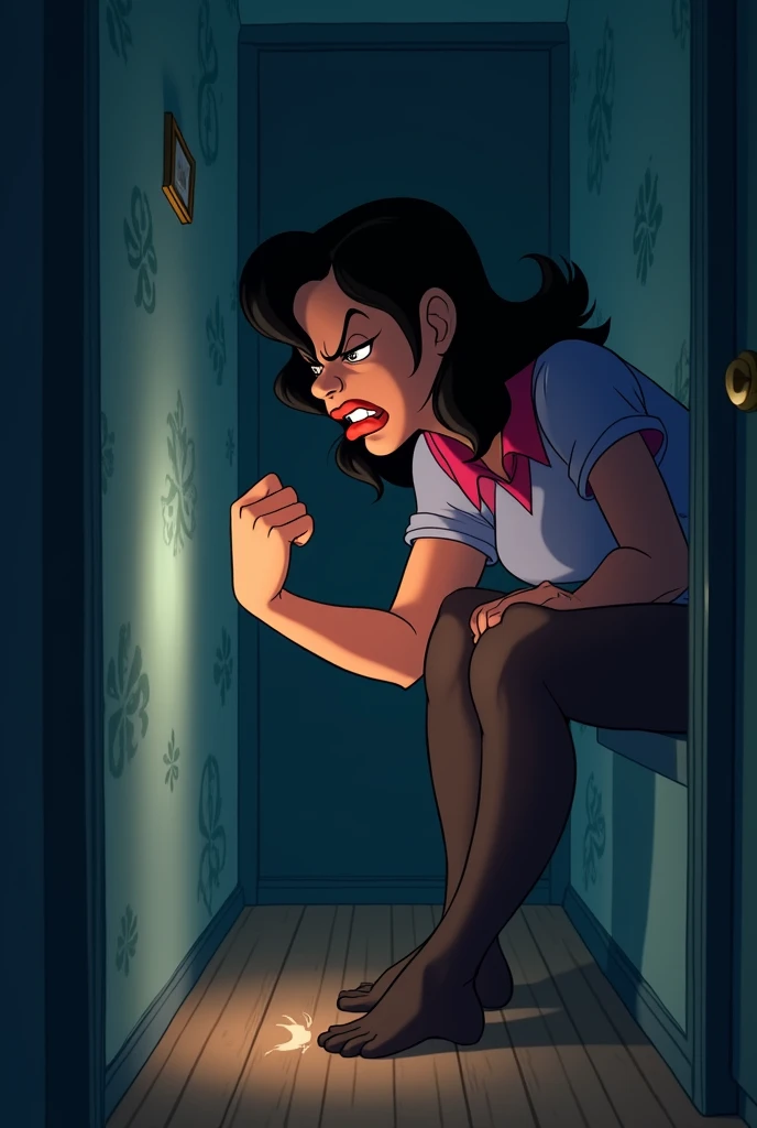 Night, hallway in the apartment, angry angry woman looks at her fingernail and sees a hole in her tights on her knee,  Disney cartoon style 