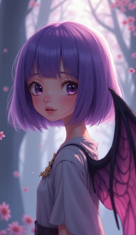 Purple hair bob head to bat wings Ghibli style 1 girl, 