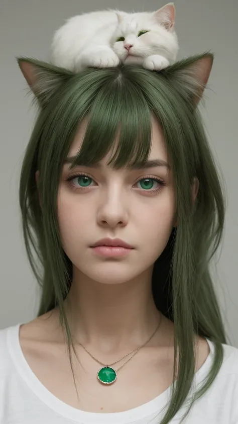 portrait. a european girl. extremely detailed face. half-closed eyes. green eyes. long, thick hair. green hair. fake cat on head. emerald necklace. collarbone. white t-shirt. angry, shy