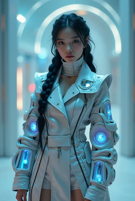 a steampunk, sureal, a girl beatiful, long hair Braid, face pirching, face korea, with blue purple Made from cyberpunk blue, purple transparan motif leather, robe with many Zipper with many various size of box screen of various planet Eclipse Eclipse of fu...